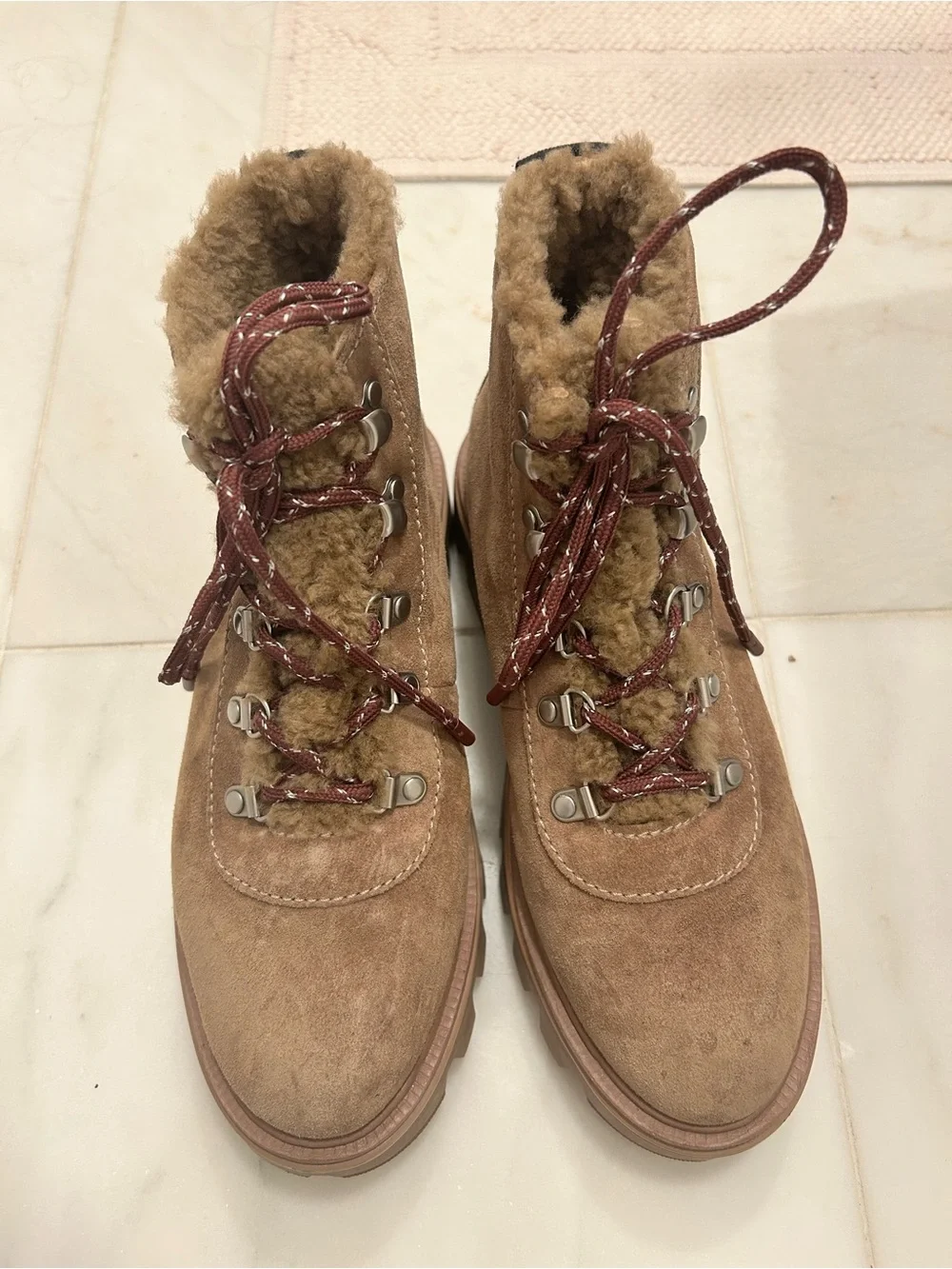 rag & bone Tan Suede Lace-Up Lug Boot with Shearling Collar